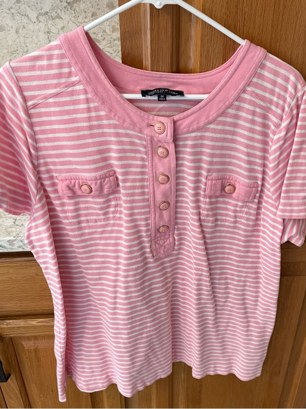 Jones New York Pink and White Striped Henley Tee